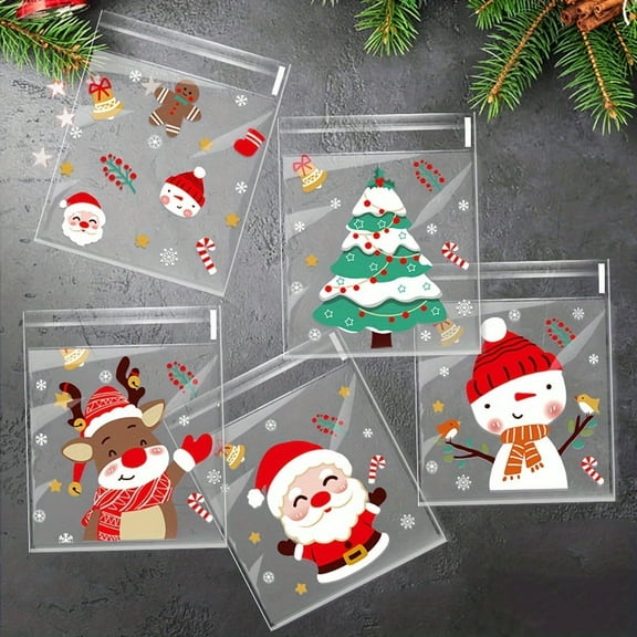 TETOU 100Pcs Christmas Treat Bags, Self-Sealing Cellophane Candy Bags With Festive Cartoon Designs, Disposable Opp Christmas Cookie Bags For Holiday Gift