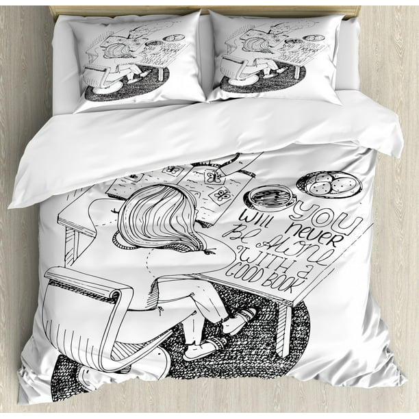 Book Duvet Cover Set Girl And Cat Reading Book On Desk Hand Drawn