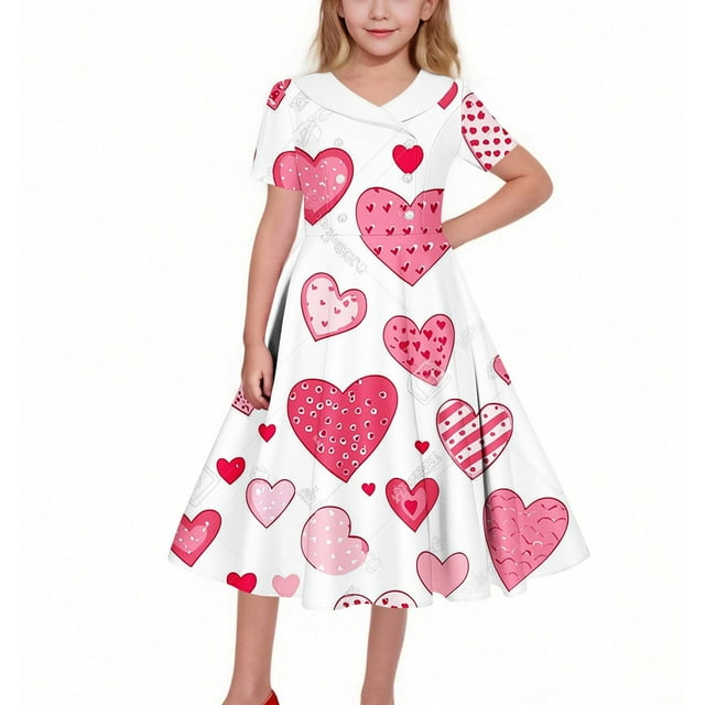 EGNMCR Robe à Manches Courtes Col Rabattu Robe Extensible à Manches Courtes pour Filles Robe Évasée Patineuse pour Récital Scolaire Robe à Manches Courtes Col Rabattu Robe en Polyester pour Filles