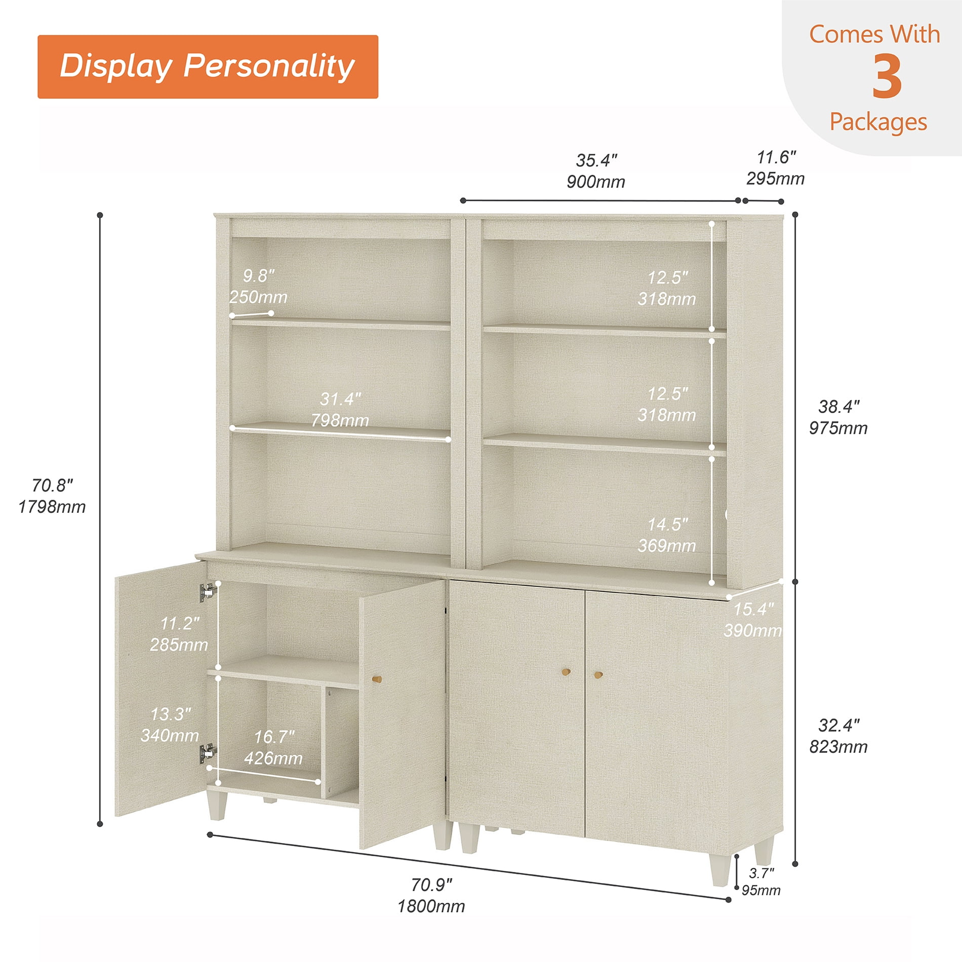 WAMPAT Home Office Furniture Set, 58" Executive Desk with Charging Station and Cabinet, 2-Column 71" Tall Bookcase with Doors and Adjustable Shelves for Living Room,Beige Linen Printed