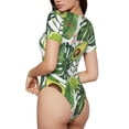 thumbnail image 3 of KLL Women 's Crew Neck Bodysuit Jumpsuits Watercolor Green Tropical Print Short onesies Stretch T Shirts, 3 of 7