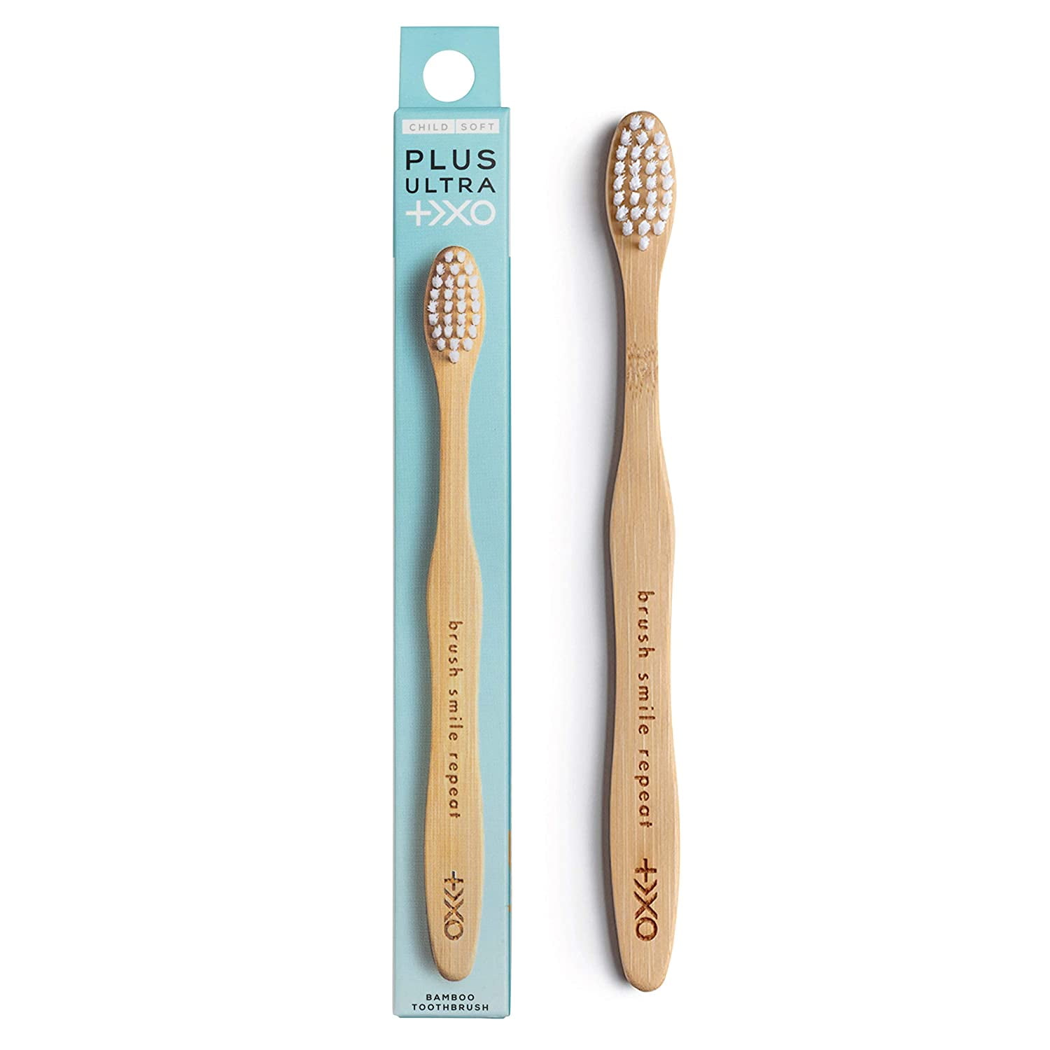 PLUS ULTRA Kids Size Bamboo Toothbrush | “Brush Smile Repeat” Etched on Toothbrush | Eco-Friendly and Biodegradable Kids Toothbrush Handle with Dentist Designed Bristles | BPA Free Soft Toothbrush