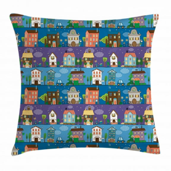 Urban Throw Pillow Cushion Cover, Hand Drawn Style Colorful Townhouses City Architecture Twilight Trees Cars and Owls, Decorative Square Accent Pillow Case, 24 X 24 Inches, Multicolor, by Ambesonne