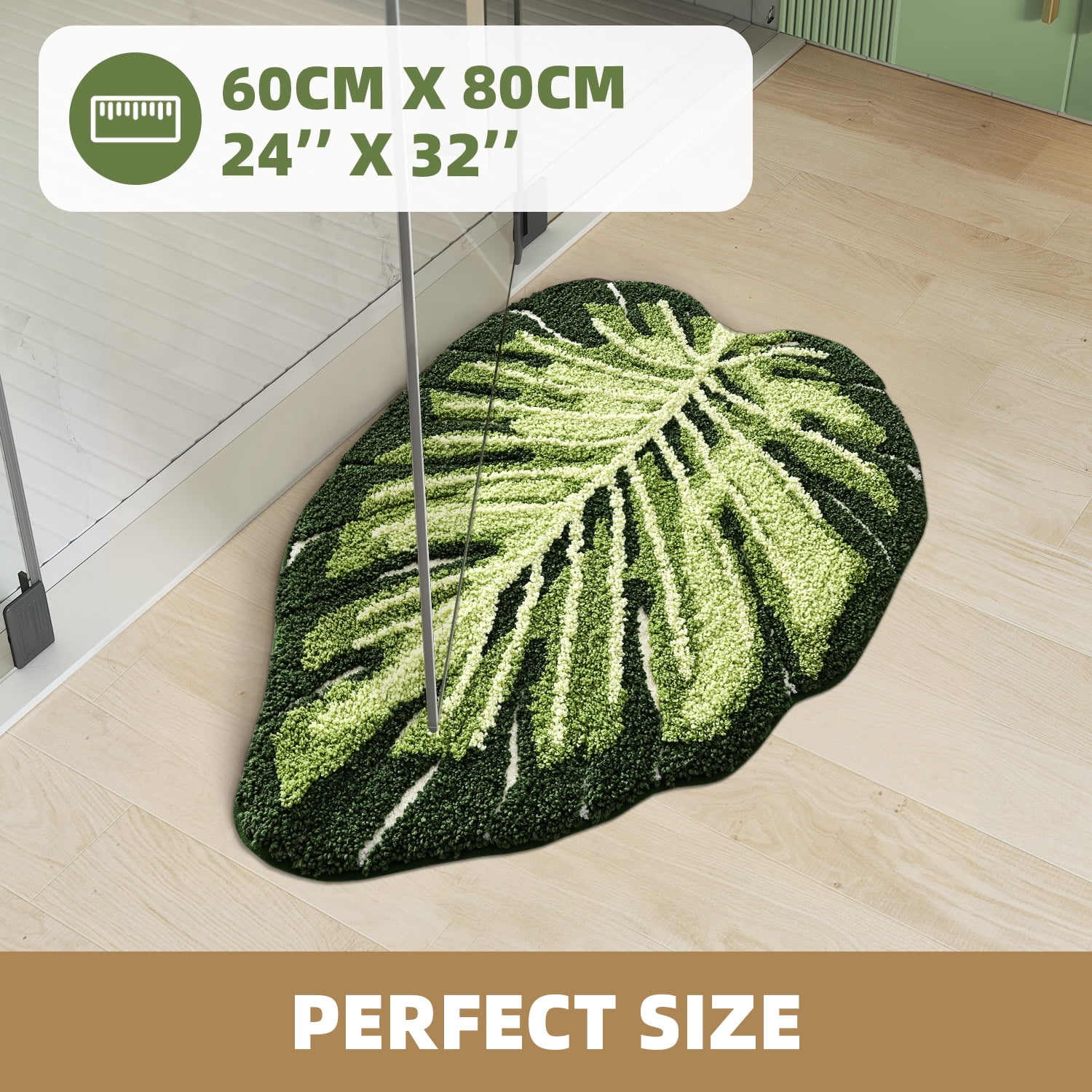 PABUBE Monstera Leaf Bathroom Rug, 24"x32", Cute Green Plush Bath Mat, Fluffy Soft & Absorbent, Non-Slip and Machine Washable Bath Rug for Bathroom Floor