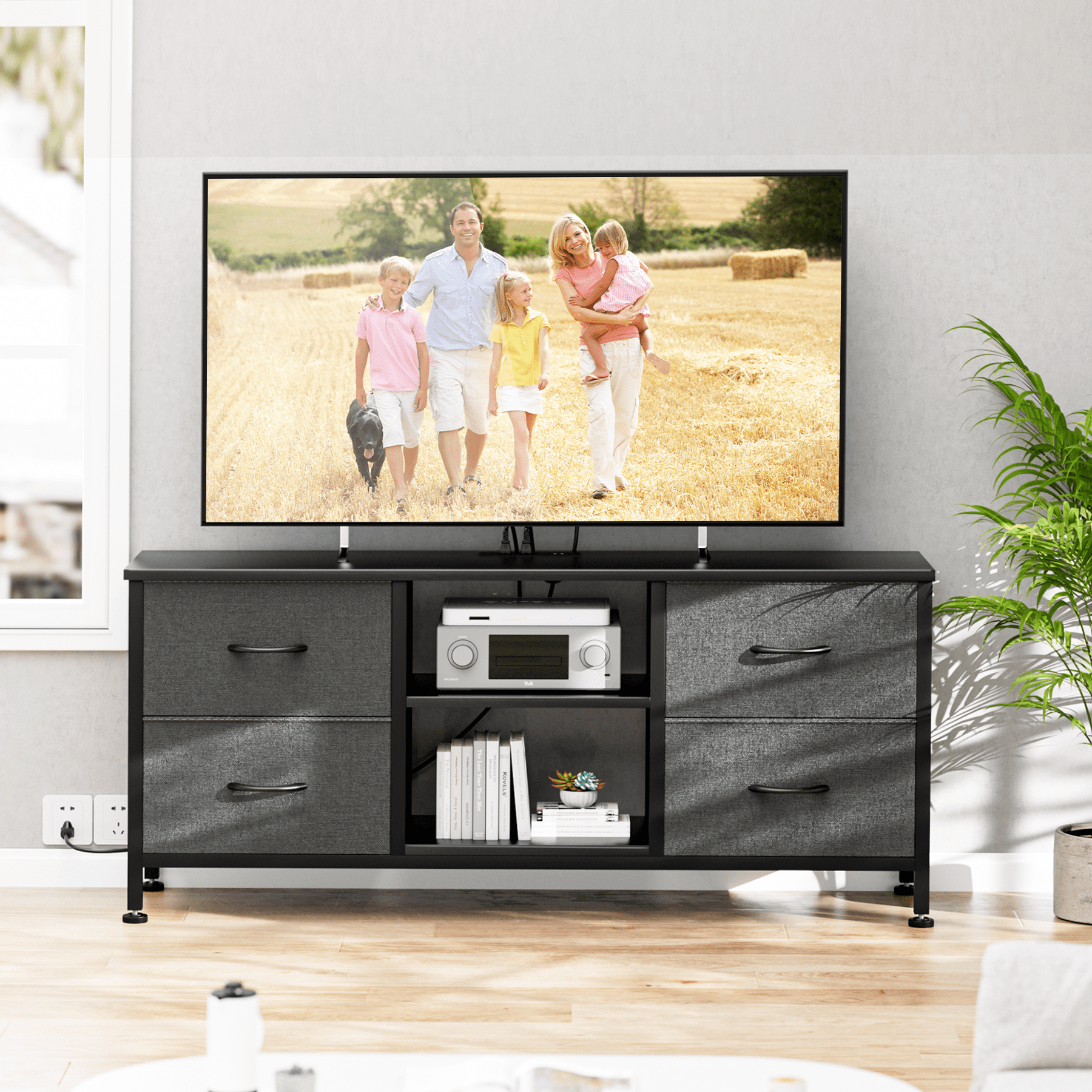 TV Stand for Bedroom, Television Stand for TV up to 50 Inch Entertainment Center Dresser with 4 Drawers Open Storage Shelves for Living Room, Entryway