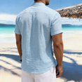 thumbnail image 4 of Gaukiv Men's Band Collar Shirts Short Sleeve Linen Blouses Relaxed Tops Sky Blue L, 4 of 5