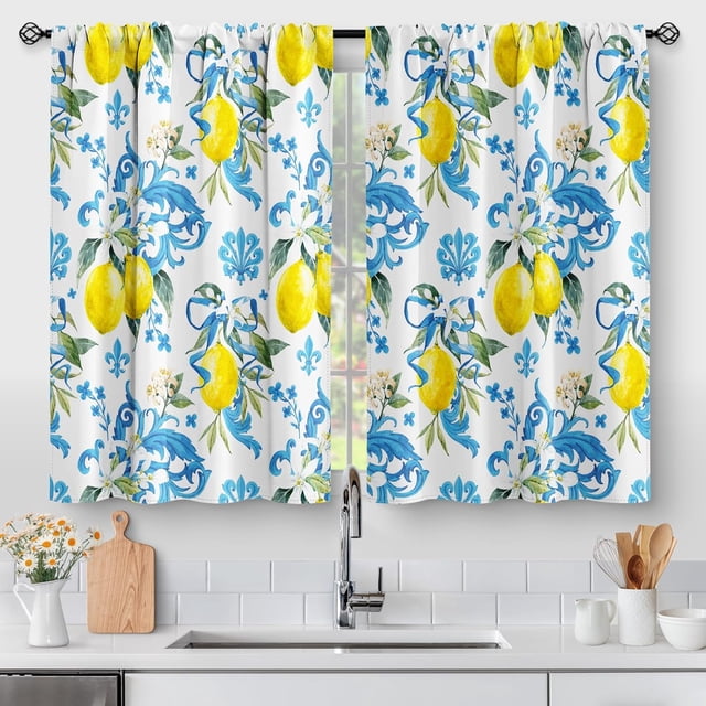 Lemon Flower Kitchen Curtains - Country Leaves Rustic Small Short Cafe Curtains Farmhouse Fruits Botanical Plant Tier Curtains Decor for Living Room Rod Pocket Window Drapes 2 Panels 28"x36"