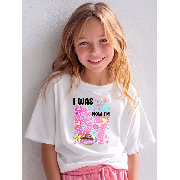 Cute Birthday I Was 6 Now I'm 7 Cake Design, The Children's Place Girls' Sports Girls Shirts Short Sleeve Soft 100% Cotton T-Shirts Plain Tees Tops Clothes Crew Neck for Kids