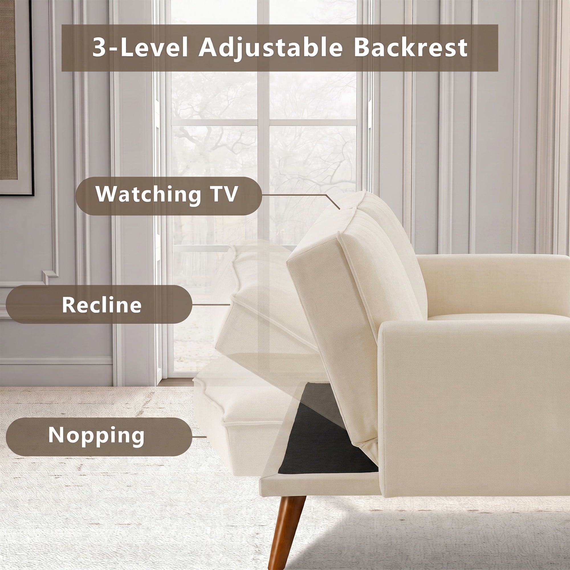 Aukfa 75" Pillow Top Arm Futon Convertible Sofa Bed, Tufted Loveseat Sleeper Couch for Home Office, Linen, Beige