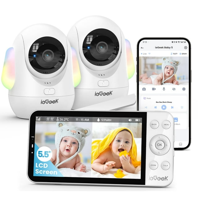 Monitor para bebés ieGeek de 5.5 pulgadas con pantalla dividida y 2.5K UHD con 2 cámaras