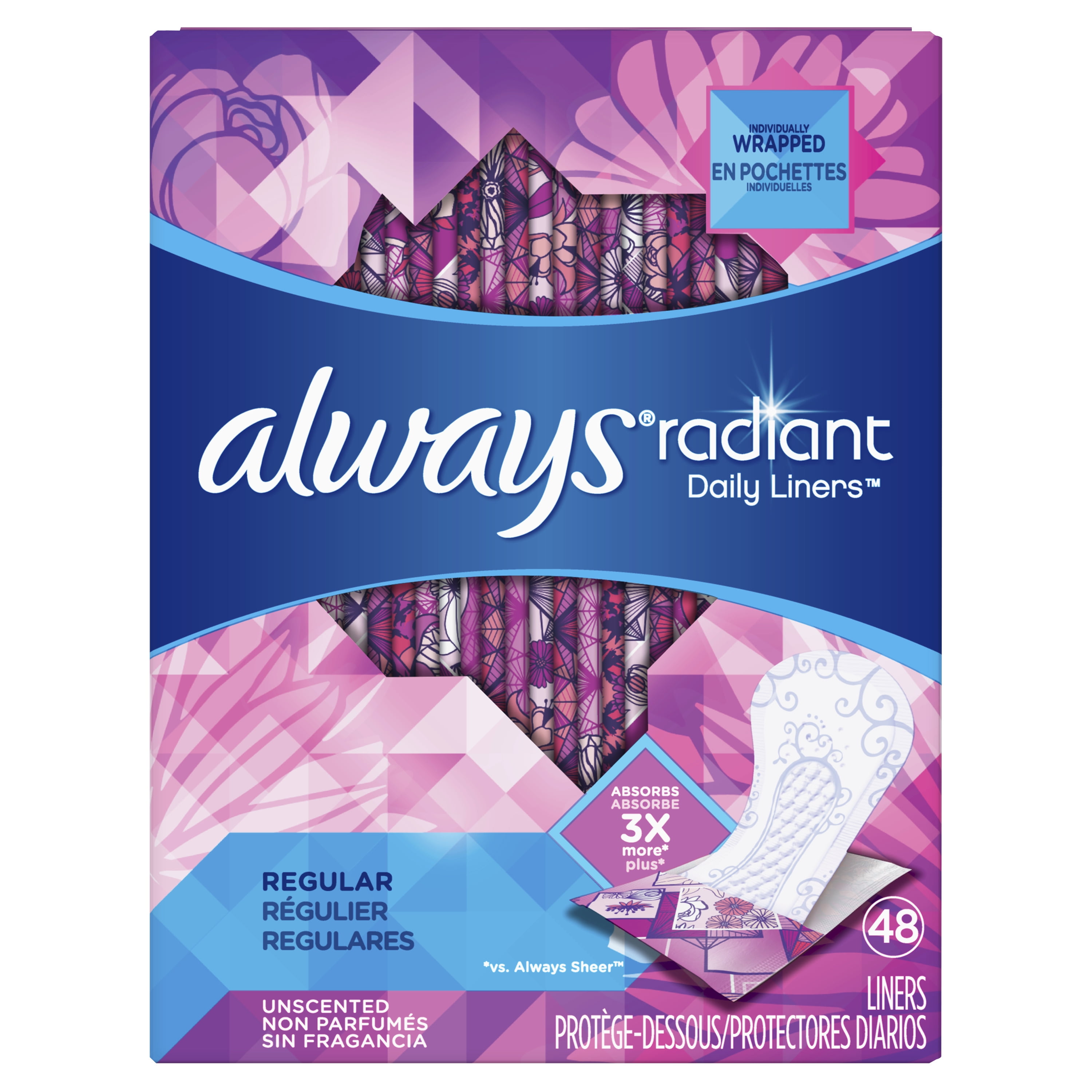 Always Radiant Daily Liners, 48 Count, Unscented, Wrapped, Regular