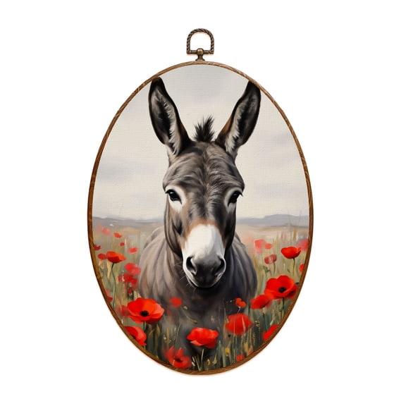 Farmhouse Canvas Wall Art Donkey Field Soft Sky Oval Framed Canvas Prints Vintage Wall Hanging Decor for Home Decorations 8.6"x11.4"