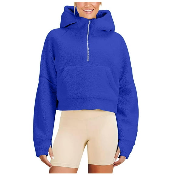 ZQGJB Turtleneck Fleece Hoodies for Women Casual Long Sleeve Half Zipper Pullover Sweatshirts Fall Winter Warm Coat Outwear Tops with Pockets Blue M