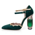 thumbnail image 2 of FSJ Women Sexy Crystal Sturdy Block High Heels Pumps Pointed Closed Toe Ankle Strap Adjustable Double Buckle Strap D'Orsay Sandals Party Wedding Shoes Size 8 Green, 2 of 4