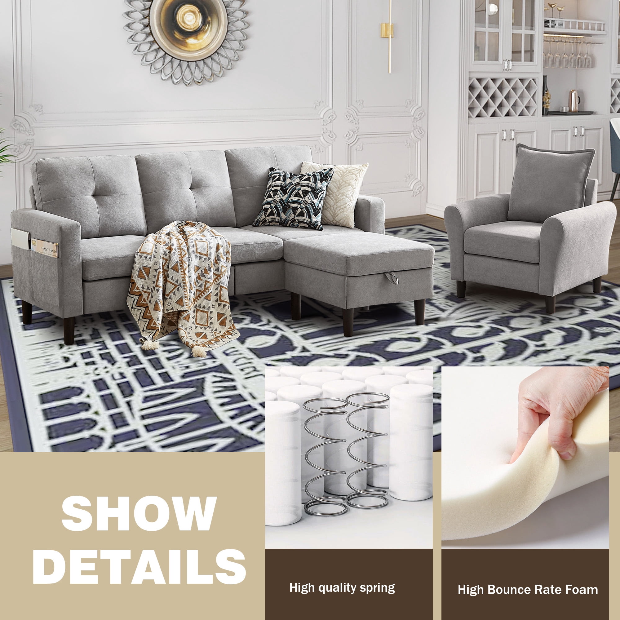 79" Convertible Sectional Sofa Set, Modern Linen Small L Shaped Couch with Reversible Chaise and Loveseat Sofa, 3-Seat Sofa Couches for Living Room, Office, Apartment, Lightgrey