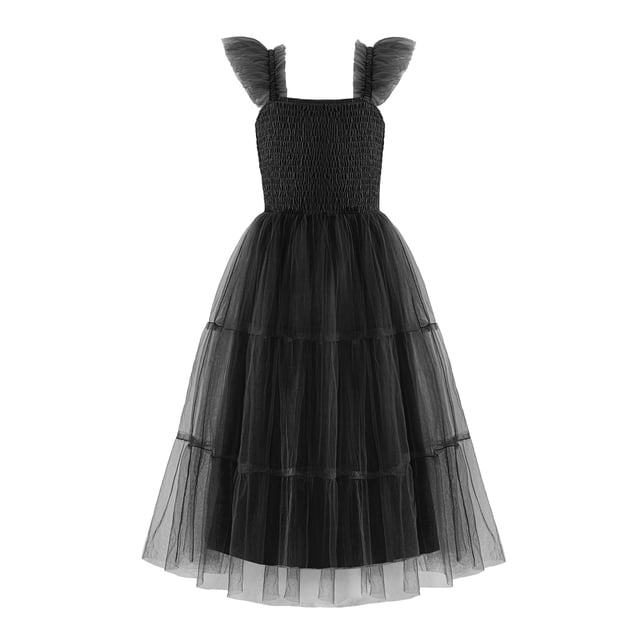 Vestido de verano Arshiner negro de tul con mangas con volantes para niña de 10 a 12 años