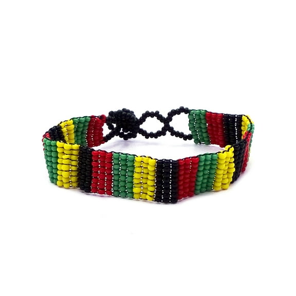 Rasta Geometric Pattern Guatemalan Czech Glass Seed Beaded Thin Strap Bracelet - Womens Fashion Handmade Jewelry Boho Accessories