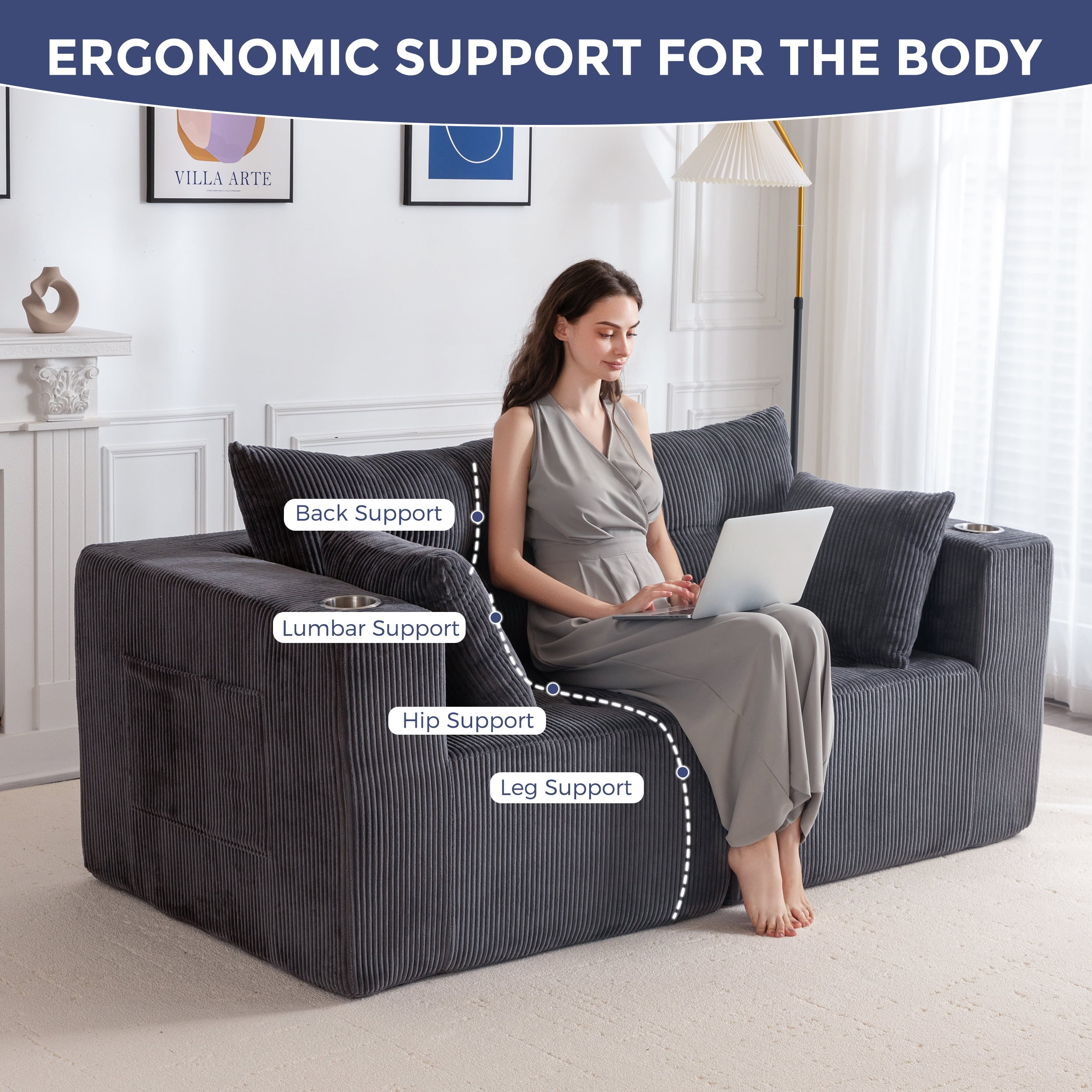 BYBYME Cloud Sectional Couch Loveseat Modern Comfy Modular Corduroy Sofa for Living Room,Tufted 2-Seat Sleeper Chair,Sofa in A Box,No Assembly Required,Grey