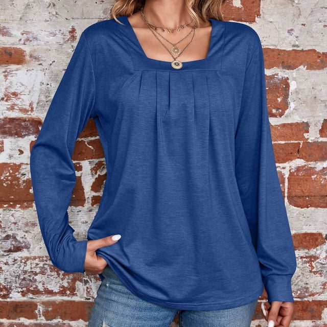 aidice Womens Shirts Square Neck Long Sleeve Ruched Loose Blouses Casual Comfy Solid Color Pullover Tops