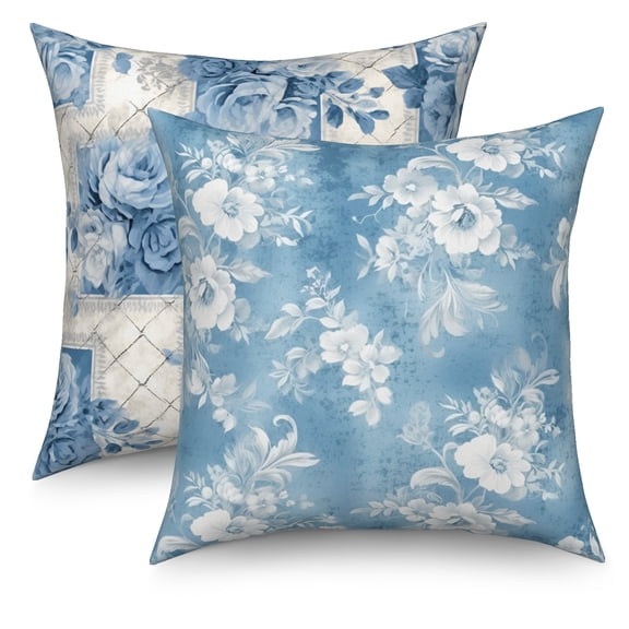 Blue Rose Flower Throw Pillow Covers Set of 2,Vintage Spring Floral Decoration Pillow Case for Home Living Room Bed,18"x18" Inch