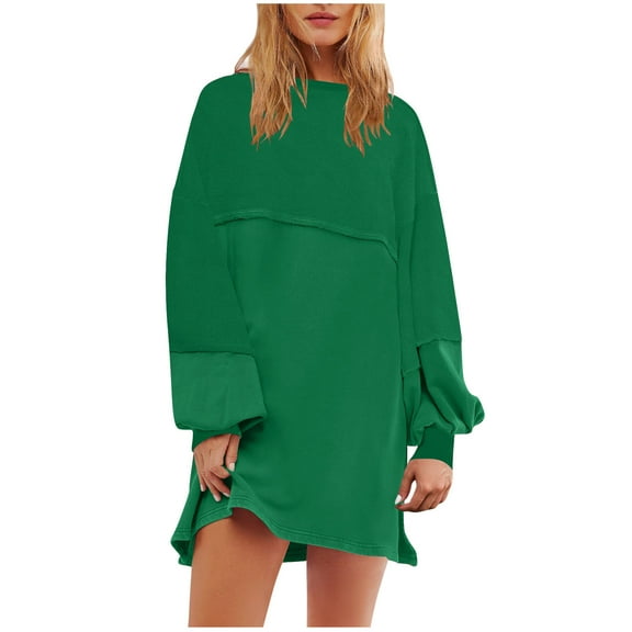 qolati Holiday Dresses for Women Oversized Long Sleeve Patchwork Sweatshirt Dress Solid Crewneck Drop Shoulder Pullover Tops Mini Dresses