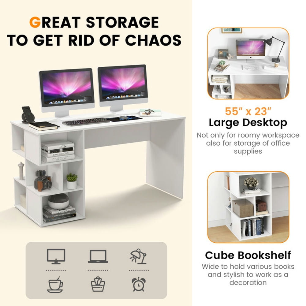 Demi Bonn Modern Computer Desk with 3 Tier Storage Shelves for Home Office Desk Study Writing Table, White