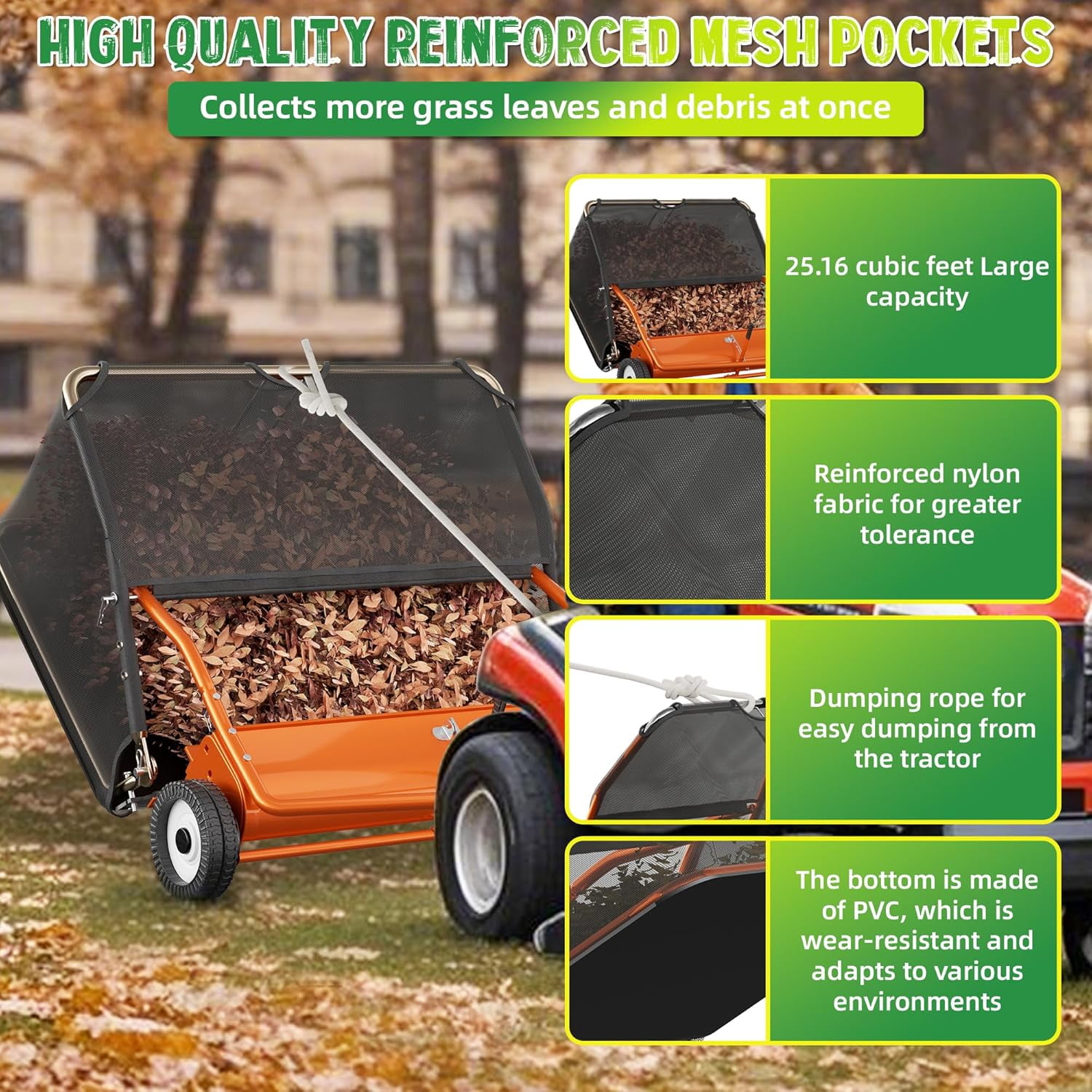 48" Tow Behind Lawn Sweeper Leaf Collector Sweeper for Lawn 25.16 Cu FT Capacity