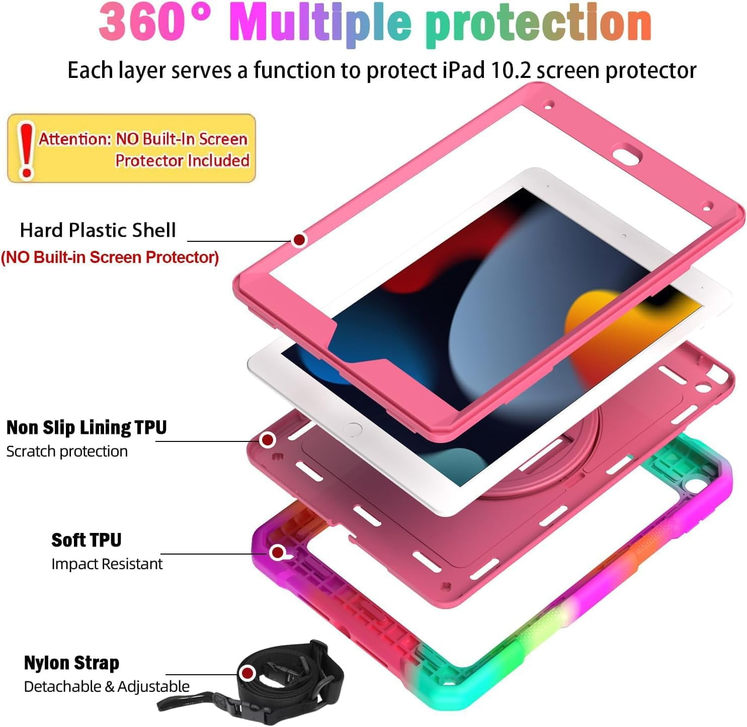 SUPNICE iPad 9th/8th/7th Generation Case,iPad 10.2 Case for kids, Shockproof [360 Rotating Stand] [Hand Strap] [Pencil Holder] Case for New iPad 9th Gen, iPad 10.2 Inch 2021/2020/2019 - Pink