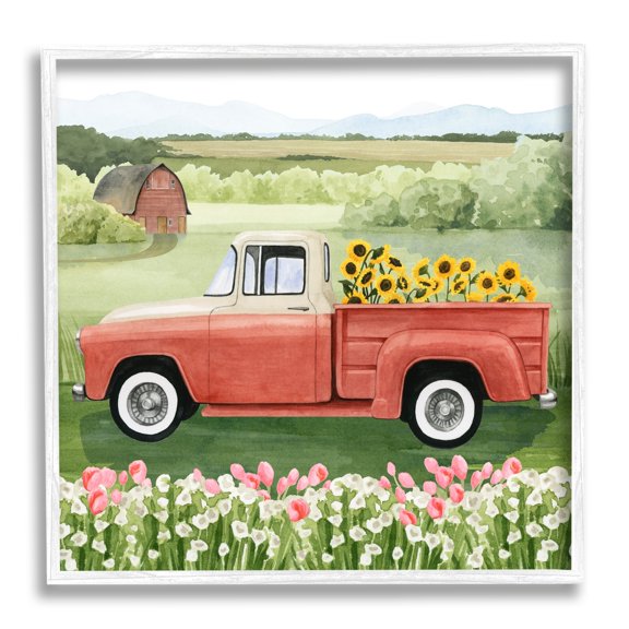 Stupell Industries Country Farm Truck Sunflower Bunches Blooming Meadow Painting White Framed Art Print Wall Art, Design by Grace Popp