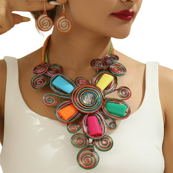 Acrylic Bead Necklace Earring Set For Women Tribal Fashion Costume Jewelry Earring Sets Unique Colorful Collar Choker