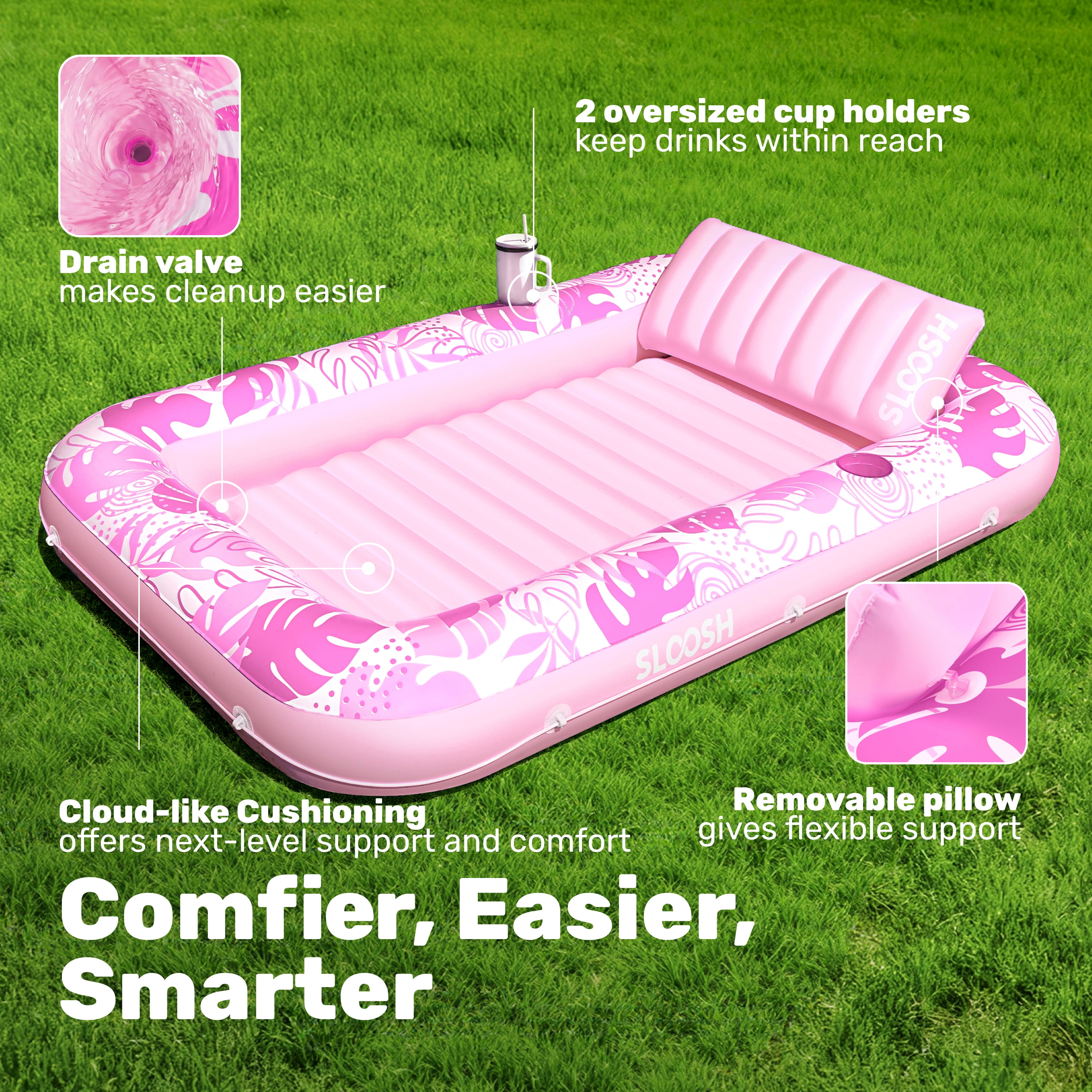 SLOOSH Inflatable Tanning Pool Lounger Float, 85" x 57" Extra Large Suntan Sun Tan tub for Adults, Tanning chair, Bed Blow up, Raft Lounge Floatie,XL-Blushing Pink