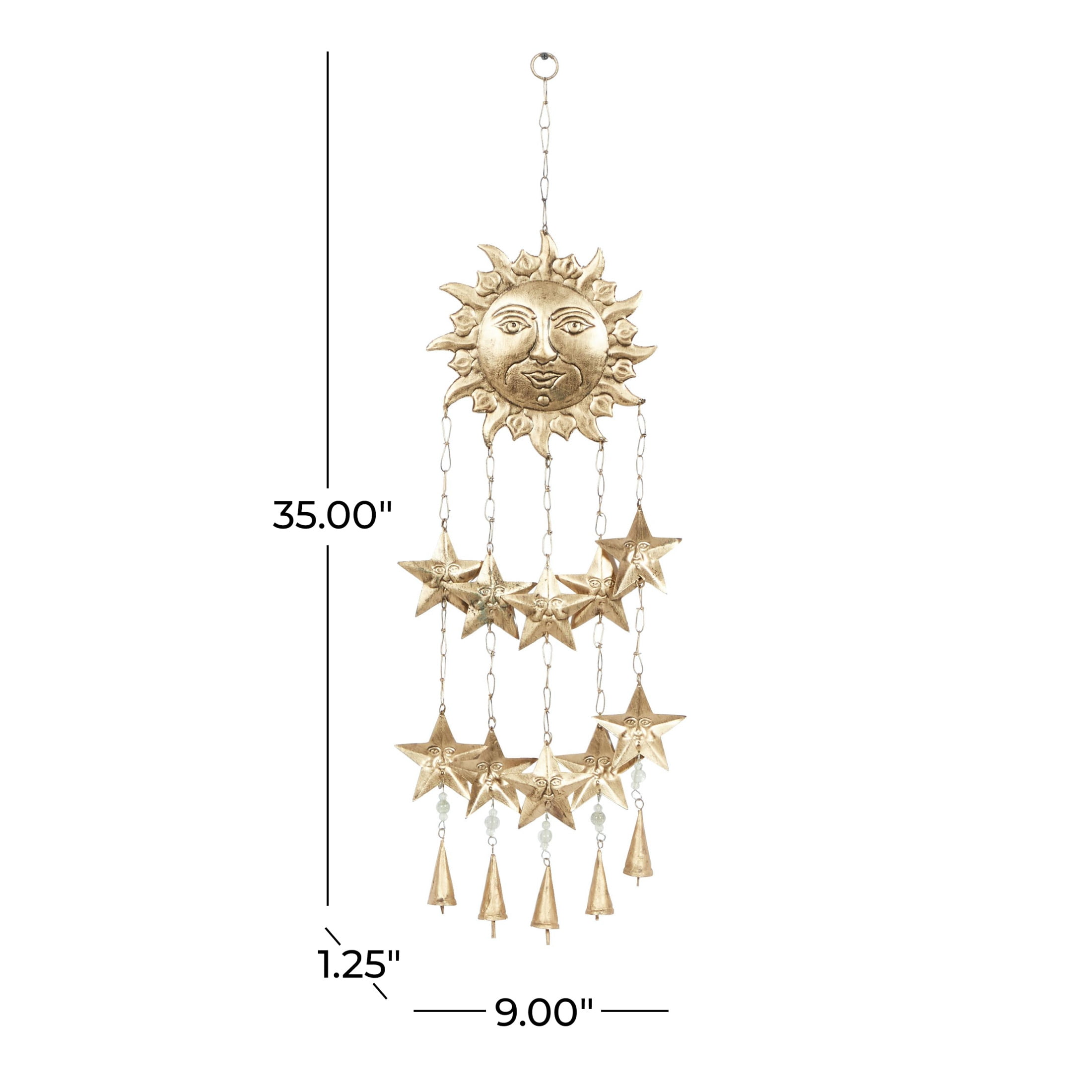 DecMode 35" Gold Metal Handmade Sun and Star Windchime with Glass Beads and Cone Bells