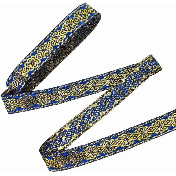 7.7 Yards Blue Ethnic Jacquard Ribbon Metallic Gold Boho Embroidered Woven Fabric 3/4 inch Vintage Floral Sewing Trim Fringe Decor Trim for DIY Clothing Curtain Embellishment Decor