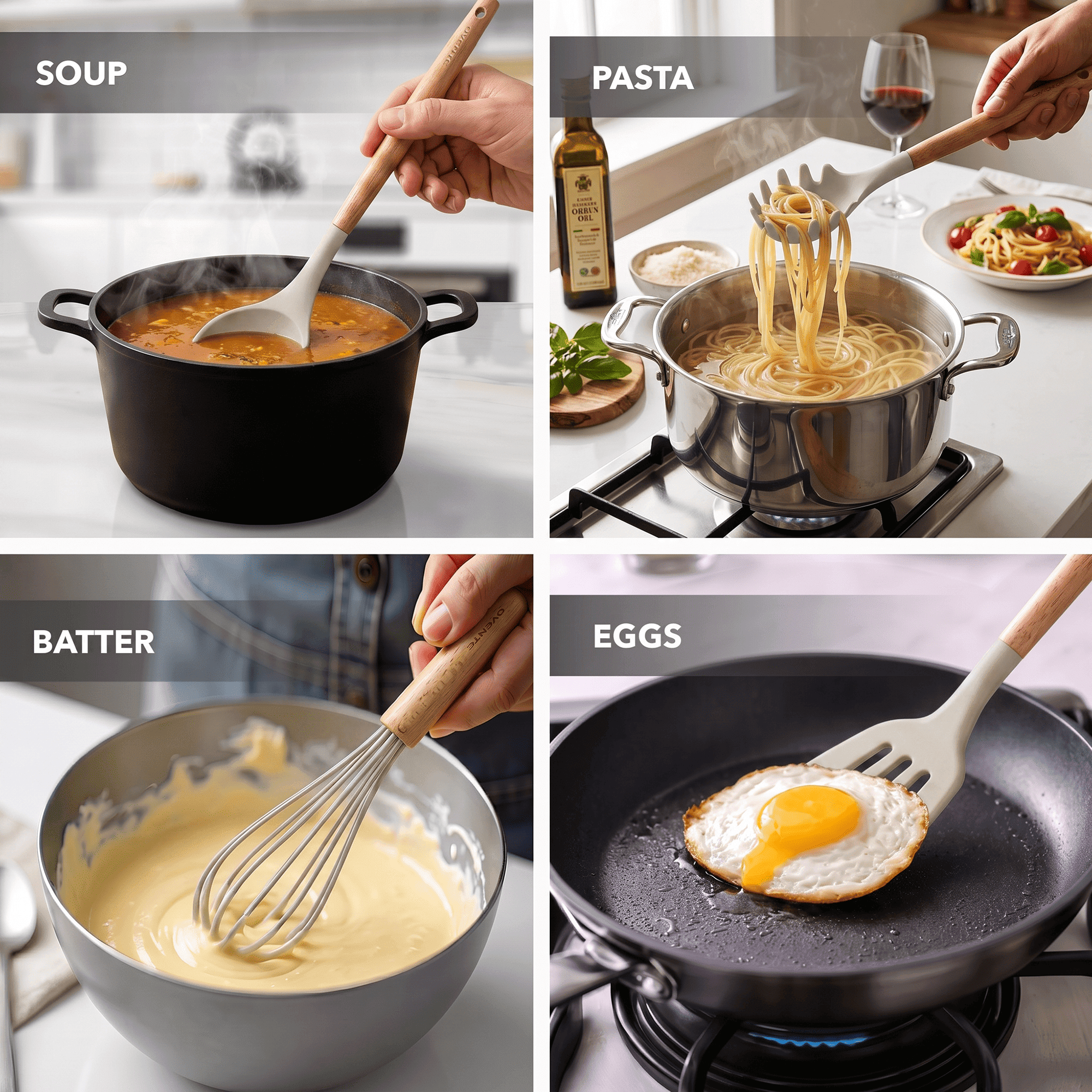OVENTE Silicone Cooking Utensils Set, 17pcs, Heat Resistant, Cream SPS17CR | Kitchen Tools & Gadgets for Nonstick Cookware, BPA-Free Spatula Set with Wooden Handle, Cup Holder, Oven Gloves & Hot Pads