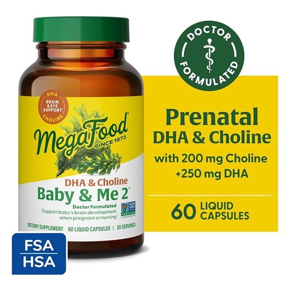 MegaFood Baby & Me 2 Prenatal Vitamins for Women, DHA & Choline Supplements, Liquid DHA and Choline for Baby's Brain and Eye Development During Pregnancy, Vegan, 60 Capsules (30 Servings)