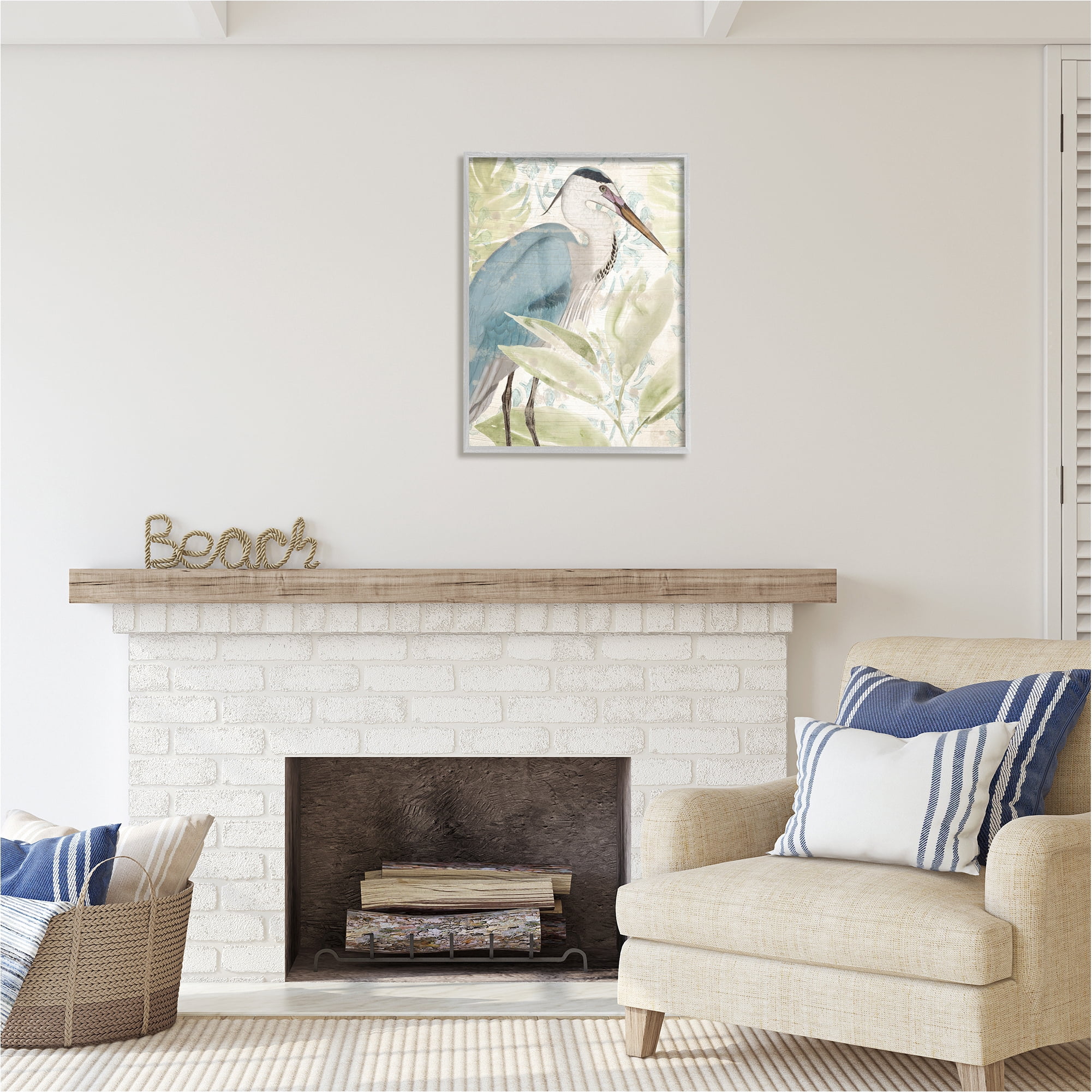 Stupell Industries Heron & Tropical Leaves Animals & Insects Painting Gray Framed Art Print Wall Art, 24 x 30