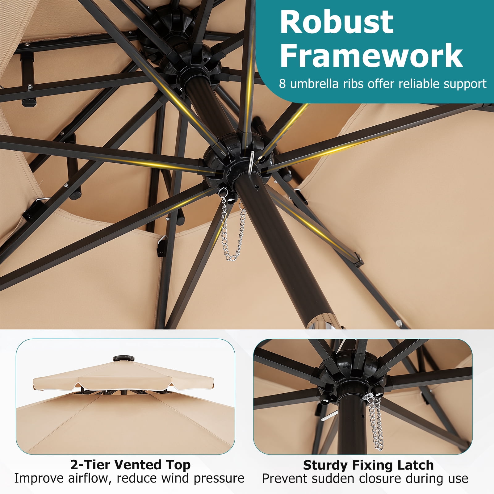 Costway 10 FT Solar LED Patio Umbrella, Push-Button Tilt & Crank, 24 LED Lights & 8 Ribs Beige