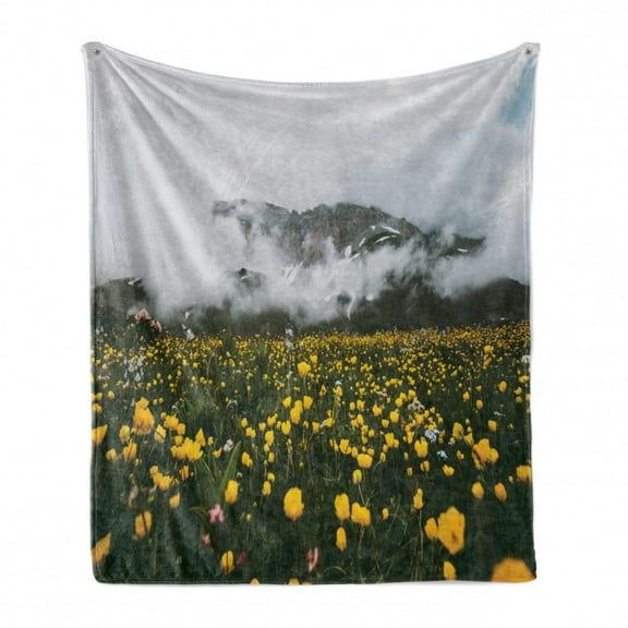 Landscape Soft Flannel Fleece Throw Blanket, Photo of Rural Spring Meadow Prairie Wanderlust Foggy Mountain Yellow Flowers, Cozy Plush for Indoor and Outdoor Use, 60" x 80", Multicolor, by Ambesonne