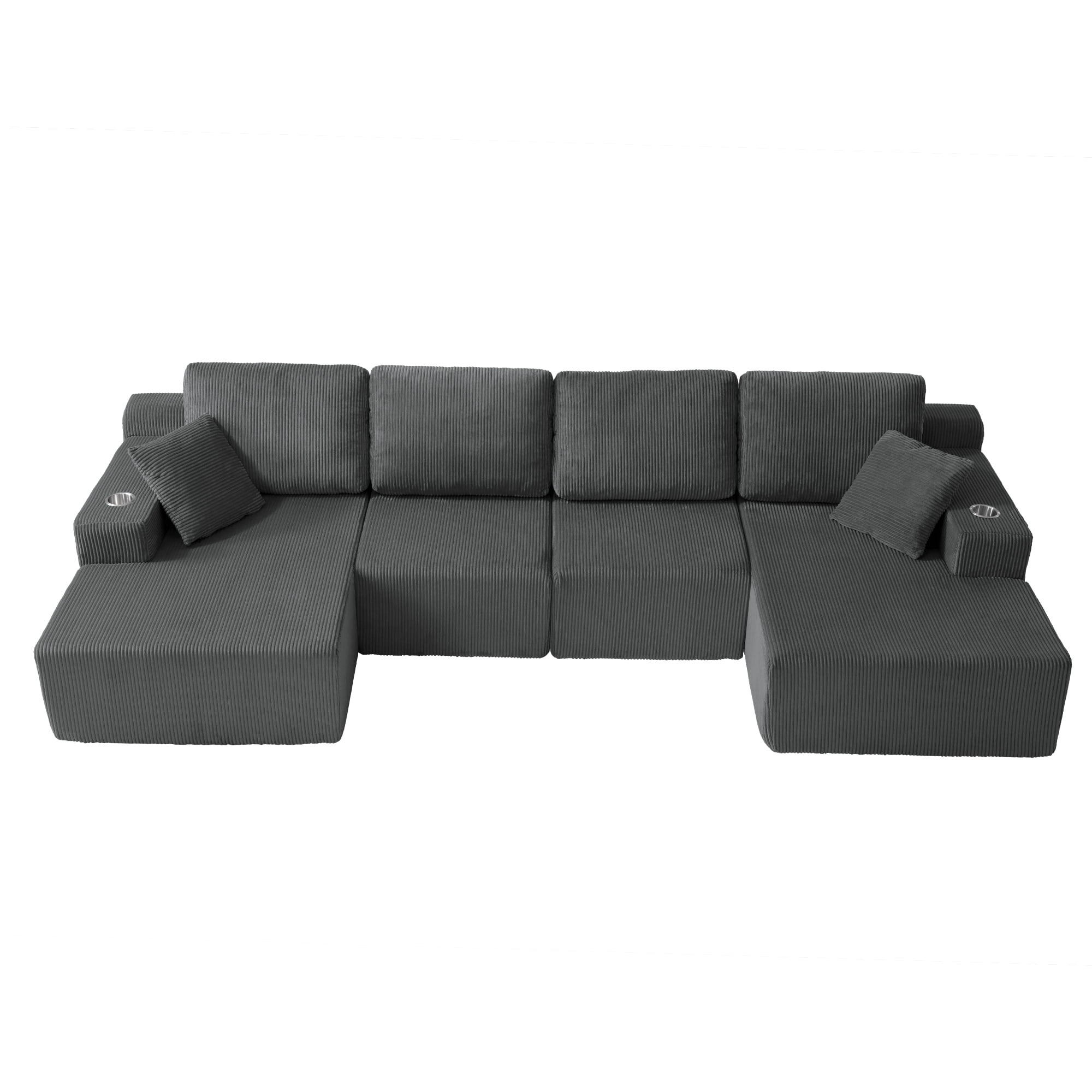 130" U-Shaped Boneless Modular Sectional Sofa with Chaise, 6 Pillows and Cup Holders