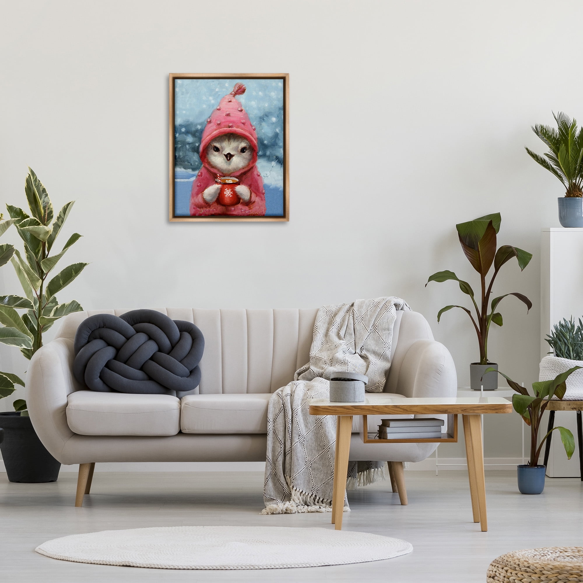 Stupell Industries Bird with Winter Cocoa Holiday Painting Brown Floater Framed Canvas Art Print Wall Art, 25 x 31