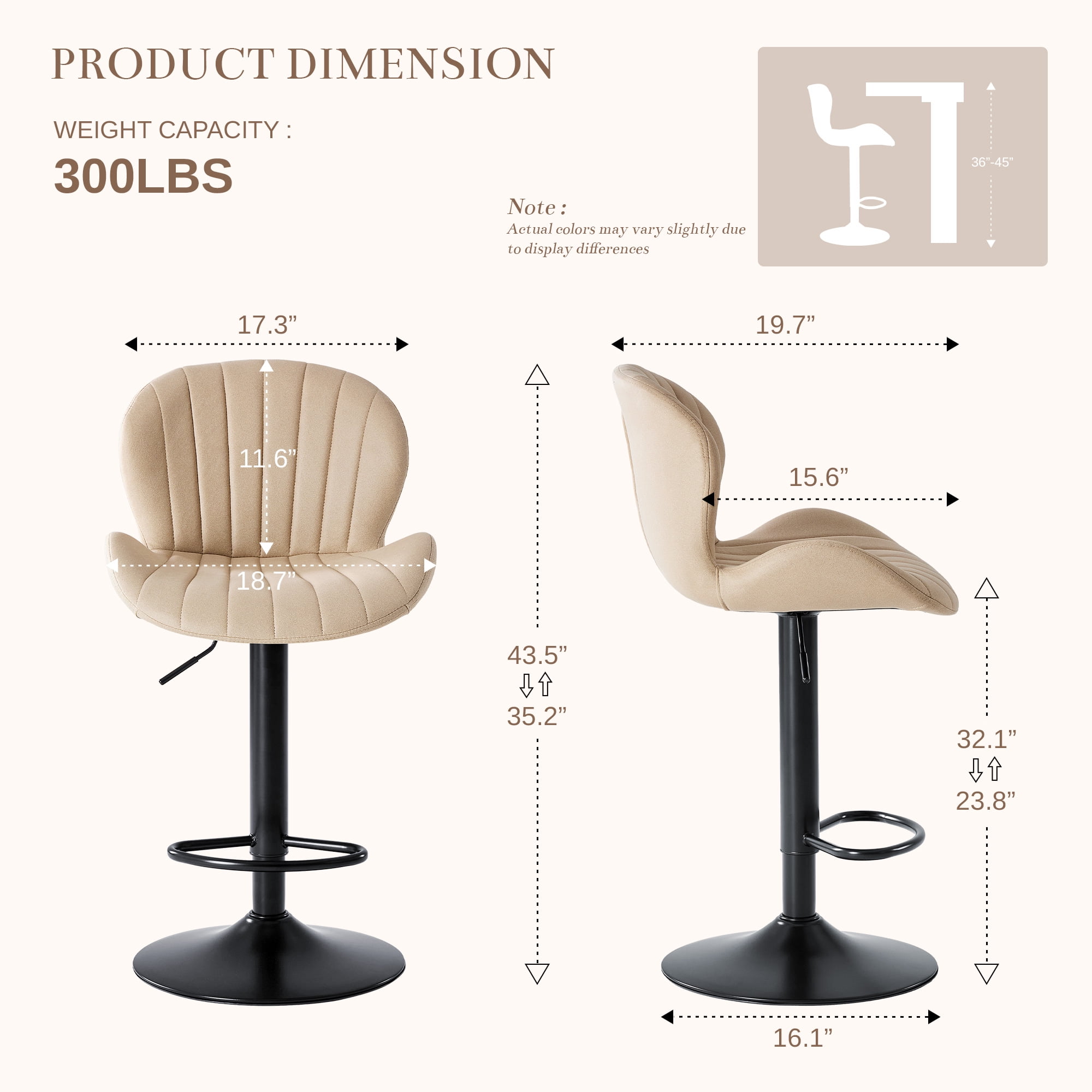 CONCETTA Set of 2 Swivel Bar Stools, Adjustable Height Modern Fabric Upholstered Barstools Counter Bar Chairs with Backrest for Kitchen Island & Home Bar, Beige