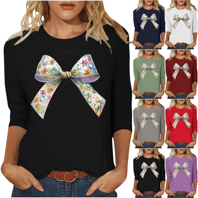 PEONAVET Haut pour Femmes à Manches 3/4704, Haut/chemise à Encolure Ronde à Manches 3/4 Imprimé de Pâques Printemps/été 2025 pour Femmes