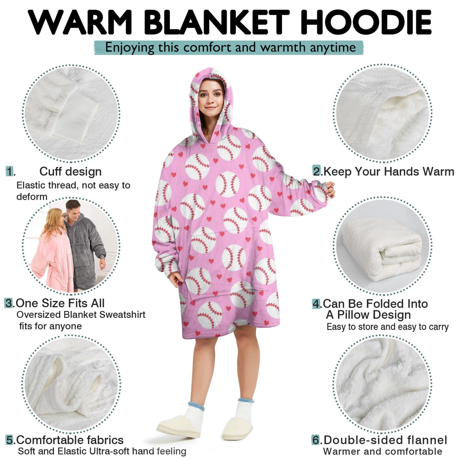 Pink Baseballs Pattern Wearable Oversized Blanket,Wearable Blanket Hoodie for Adults,Cozy Hooded Blankets with Super Pockets,Super Warm Fuzzy Pullover for Women & Men