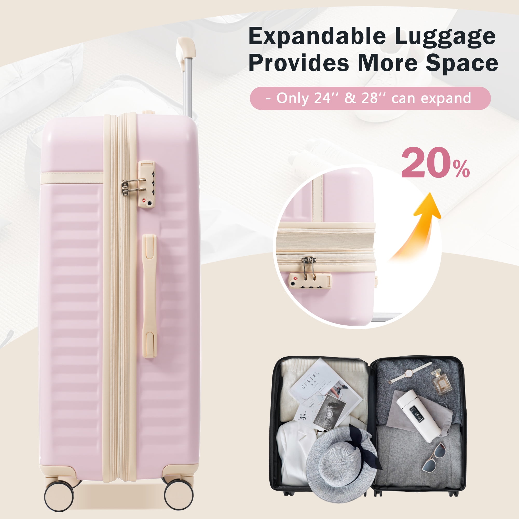 Euroco Luggage Sets 5 Piece,Hardside Expandable Suitcase with 2 Travel Bags,Spinner Wheels and TSA Lock,Lightweight Carry on Luggage for Women Men(20"+24"+28"),Pink