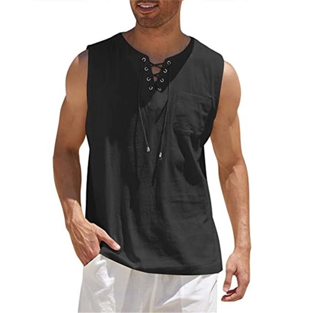 pstuiky Camiseta sin mangas para hombre, Camiseta sin mangas con cuello en V, holgada, informal, con cordón y bolsillo, de color liso y a la moda para hombre Camisas para hombres xxxl