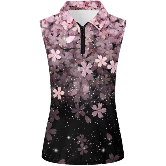 FASHOFT Golf Polo Shirts for Women Tennis Collared Tank Tops Floral Print Quick Dry V Neck Lightweight Sleeveless Shirt Black L