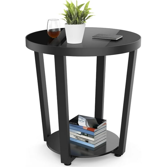 Round End Table, Tempered Glass End Table with Metal Frame, Small Coffee Table, Black Sofa Side Table for Living Room, Balcony, Bedroom