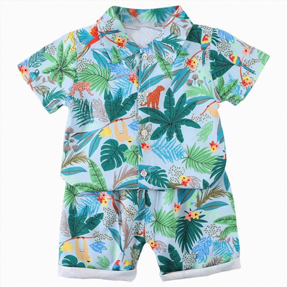 Toddler Outfits for Boys Summer Vacation Clothes 2 Piece Set Hawaiian Print Button Down Shirt and Casual Shorts