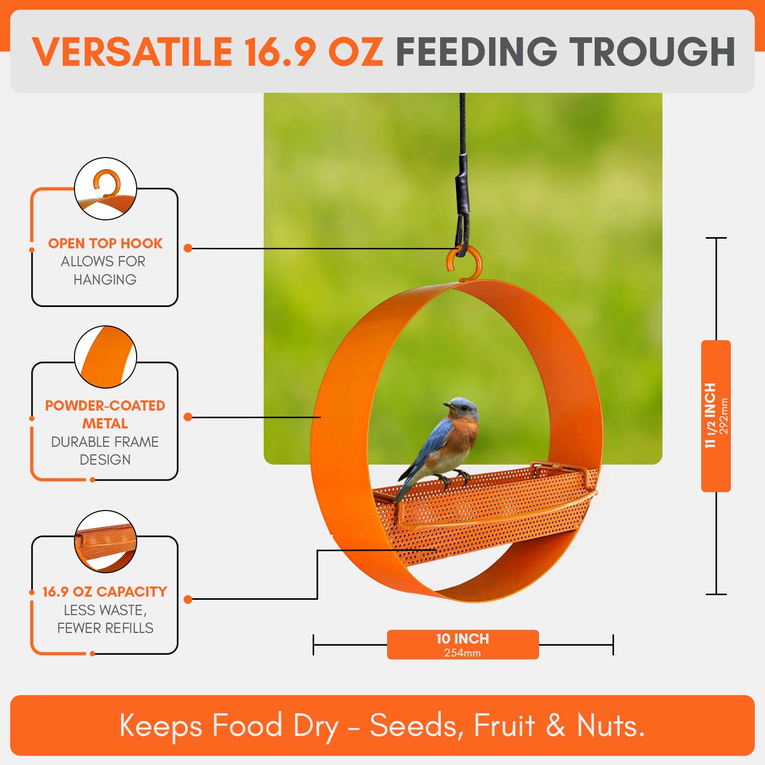 Mosaic Birds Bistro Bird Feeder - Premium Metal Bird Feeder, Chew-Proof, Weather & Water Resistant, 16.9oz, 1 Piece, Orange