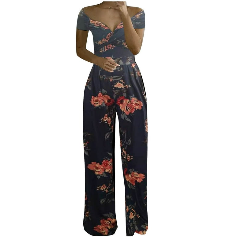 Women summer long floral print pattern dark blue rompers straight halter jumpsuit Women summer long floral print pattern dark blue rompers straight halter jumpsuit